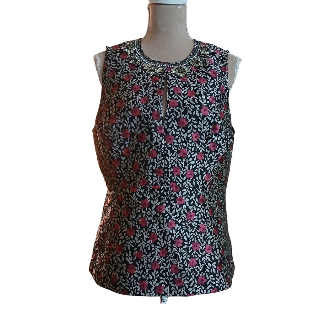 Kate Spade sz 14 New York Floral Jacquard Jewel Neck Sleeveless Shell Top Silver
